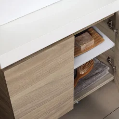 Meuble De Salle De Bain Suspendu 4 Portes Chêne Naturel, Plateau Blanc, 2 Lavabos Décoratifs Et Miroir Avec Lampe - Valentina