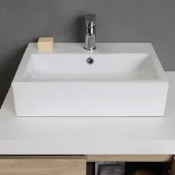 Meuble De Salle De Bain Suspendu 4 Portes Chêne Naturel, Plateau Blanc, 2 Lavabos Décoratifs Et Miroir Avec Lampe - Valentina