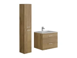 Meuble de salle de bain suspendu simple vasque avec colonne de rangement - Coloris naturel clair - 60 cm - KAYLA