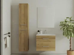Meuble de salle de bain suspendu simple vasque avec colonne de rangement - Coloris naturel clair - 60 cm - KAYLA