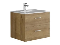 Meuble de salle de bain suspendu simple vasque avec colonne de rangement - Coloris naturel clair - 60 cm - KAYLA