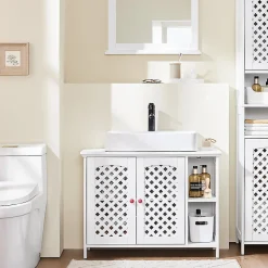 Meuble de Salle de Bain sous Lavabo 2 Portes avec Niche et Étagère Réglable en MDF Blanc