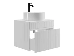 Meuble de salle de bain suspendu strié blanc avec vasque ronde à poser - 60 cm - SATARA