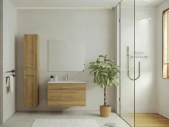 Meuble de salle de bain suspendu simple vasque avec colonne de rangement - Coloris naturel clair - 80 cm - KAYLA