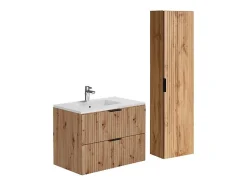 Meuble de salle de bain suspendu strié avec vasque à encastrer et colonne - Coloris naturel clair - 80 cm - ZEVARA