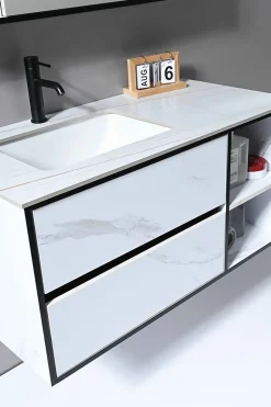 Meuble de salle de bain simple vasque 100cm blanc effet marbre avec miroir LED et colonne de rangement LB-6948 LuxuryBain-