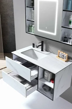 Meuble de salle de bain simple vasque 100cm blanc effet marbre avec miroir LED et colonne de rangement LB-6948 LuxuryBain-