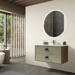 Meuble de salle de bain simple vasque 100cm bois et vert avec miroir LED LuxuryBain-