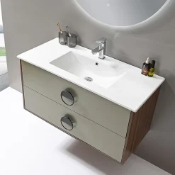 Meuble de salle de bain simple vasque 100cm bois et vert avec miroir LED LuxuryBain-