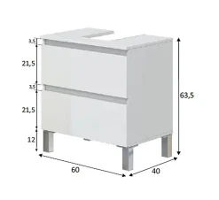 Meuble de salle de bain sous évier 60 cm avec 2 tiroirs coloris blanc - Longueur 60 x Profondeur 40 x Hauteur 63 cm