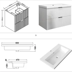 Meuble de salle de bain suspendu 80 cm, 2 tiroirs, avec vasque blanche,MDF blanc brillant