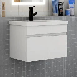 Meuble de salle de bain suspendu avec vasque à poser, meuble blanc 60 cm 2 portes