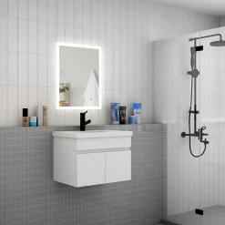 Meuble de salle de bain suspendu avec vasque à poser, meuble blanc 60 cm 2 portes