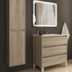 Meuble de salle de bain simple vasque - 3 tiroirs - TIRIS 3C et miroir Led STAM - cambrian (chêne) - 100cm