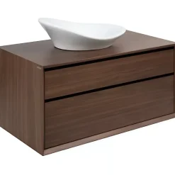 Meuble de salle de bains suspendu 2 tiroirs slow close+organiseurs+éclairage SANINDUSA View 90x45 trou pour vidage couleur noyer