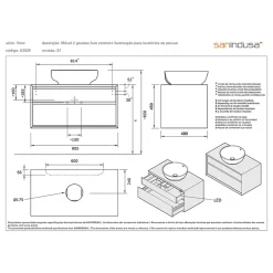 Meuble de salle de bains suspendu 2 tiroirs slow close+organiseurs+éclairage SANINDUSA View 90x45 trou pour vidage couleur noyer