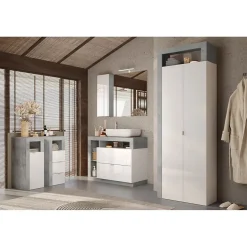 Meuble de salle de bains BURA 1 porte Blanc brillant laqué & gris béton Design moderne