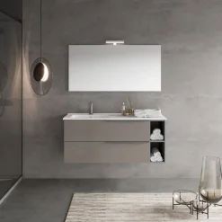 Meuble De Salle De Bains Suspendu 120Cm Avec Tiroirs Gris Frêne, Lavabo Asymétrique Et Miroir - New York