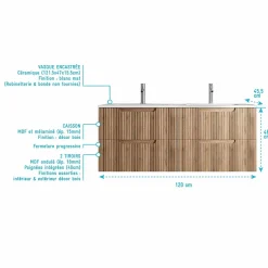 Meuble de Salle de Bains LEON 120cm Décor Bois - 4 Tiroirs en MDF Ondulés - Vasque à encastrer