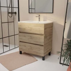 Meuble de salle de bains 70 cm TIMBER - Décor Chêne Naturel 3 tiroirs avec Vasque blanche