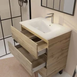 Meuble de salle de bains 70 cm TIMBER - Décor Chêne Naturel 3 tiroirs avec Vasque blanche