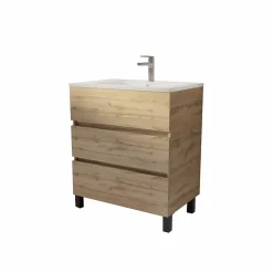Meuble de salle de bains 70 cm TIMBER - Décor Chêne Naturel 3 tiroirs avec Vasque blanche