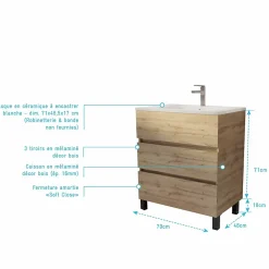 Meuble de salle de bains 70 cm TIMBER - Décor Chêne Naturel 3 tiroirs avec Vasque blanche