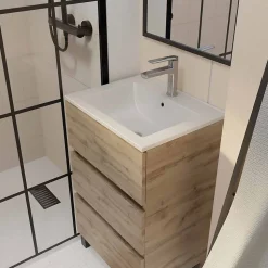 Meuble de salle de bains 50 cm TIMBER - Décor Chêne Naturel 3 tiroirs avec Vasque blanche