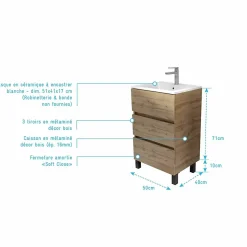 Meuble de salle de bains 50 cm TIMBER - Décor Chêne Naturel 3 tiroirs avec Vasque blanche