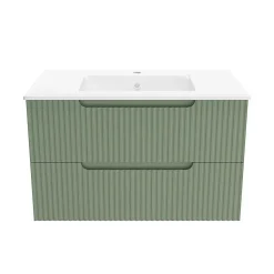 Meuble de Salle de Bains LEON 80cm Vert Olive - 2 Tiroirs en MDF Ondulés - Vasque à encastrer