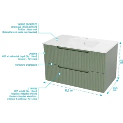 Meuble de Salle de Bains LEON 80cm Vert Olive - 2 Tiroirs en MDF Ondulés - Vasque à encastrer