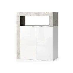 Meuble de salle de bains BURA 2 portes, 2 étagères Blanc brillant laqué et gris aspect béton