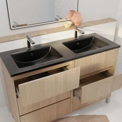 Meuble de salle de bains 120 cm 6 Tiroirs Chêne Clair + Vasque Double Céramique Noire - XENOS