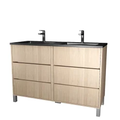 Meuble de salle de bains 120 cm 6 Tiroirs Chêne Clair + Vasque Double Céramique Noire - XENOS