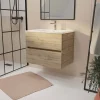 Meuble de salle de bains suspendu 70 cm TIMBER - Décor Chêne Naturel 2 tiroirs avec Vasque blanche