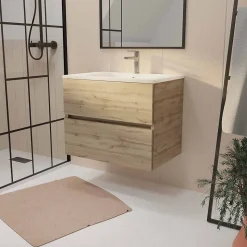 Meuble de salle de bains suspendu 70 cm TIMBER - Décor Chêne Naturel 2 tiroirs avec Vasque blanche