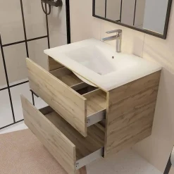 Meuble de salle de bains suspendu 70 cm TIMBER - Décor Chêne Naturel 2 tiroirs avec Vasque blanche