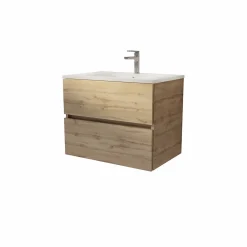 Meuble de salle de bains suspendu 70 cm TIMBER - Décor Chêne Naturel 2 tiroirs avec Vasque blanche