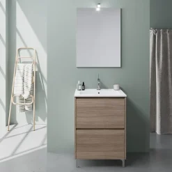 Meuble De Salle De Bains Au Sol 60Cm Avec 2 Tiroirs En Chêne Naturel Effet Bois Avec Lavabo Et Miroir 60X80 - Laguna