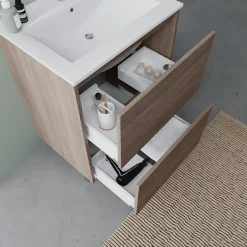 Meuble De Salle De Bains Au Sol 60Cm Avec 2 Tiroirs En Chêne Naturel Effet Bois Avec Lavabo Et Miroir 60X80 - Laguna