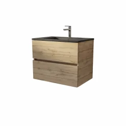Meuble de salle de bains suspendu 70 cm TIMBER - Décor Chêne Naturel 2 tiroirs avec Vasque noire