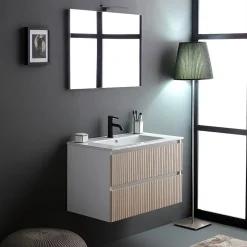 Meuble De Salle De Bains Cannage Blanc Et Chêne 80Cm, Lavabo Et Miroir 80X60 - Bilbao