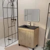 Meuble de salle de bains 70cm TIMBER Décor Chêne Naturel à Portes Vasque Noire et Miroir LED 70x50
