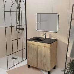 Meuble de salle de bains 70cm TIMBER Décor Chêne Naturel à Portes Vasque Noire et Miroir LED 70x50