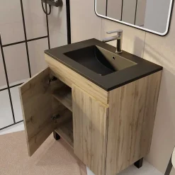Meuble de salle de bains 70cm TIMBER Décor Chêne Naturel à Portes Vasque Noire et Miroir LED 70x50
