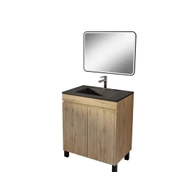Meuble de salle de bains 70cm TIMBER Décor Chêne Naturel à Portes Vasque Noire et Miroir LED 70x50