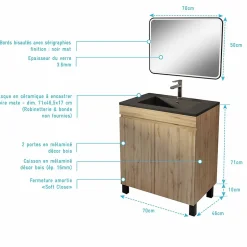 Meuble de salle de bains 70cm TIMBER Décor Chêne Naturel à Portes Vasque Noire et Miroir LED 70x50
