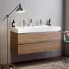 Meuble De Salle De Bains Suspendu 120Cm Avec Tiroirs En Chêne Naturel Soft Close Et Double Lavabo - Valentina