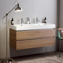 Meuble De Salle De Bains Suspendu 120Cm Avec Tiroirs En Chêne Naturel Soft Close Et Double Lavabo - Valentina