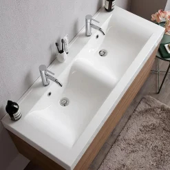 Meuble De Salle De Bains Suspendu 120Cm Avec Tiroirs En Chêne Naturel Soft Close Et Double Lavabo - Valentina